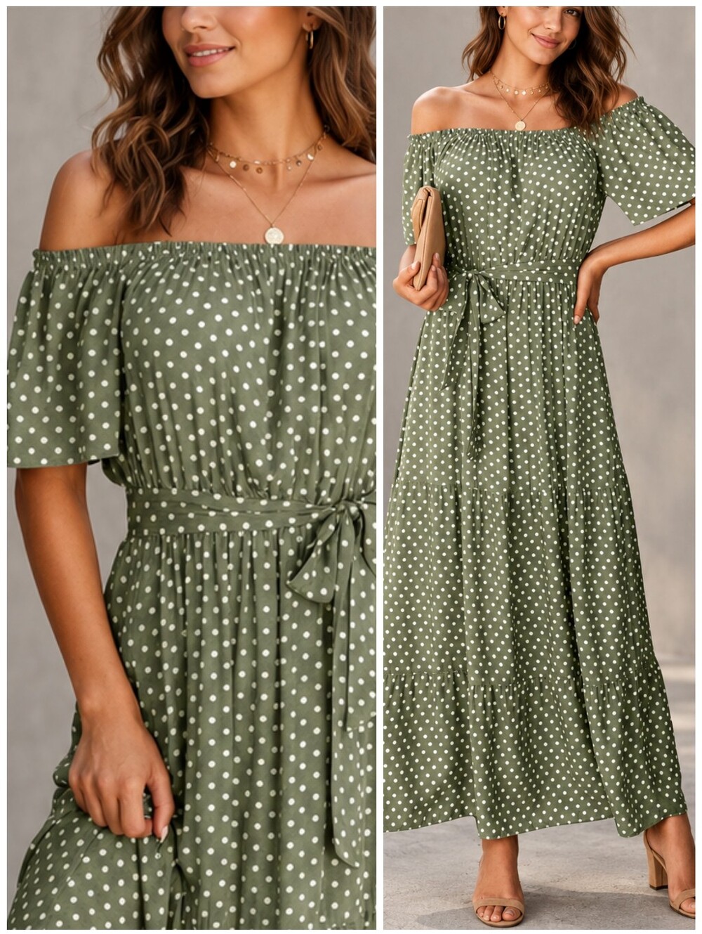 New Flowy Off Shoulder Maxi Dress Polka Dot Green White